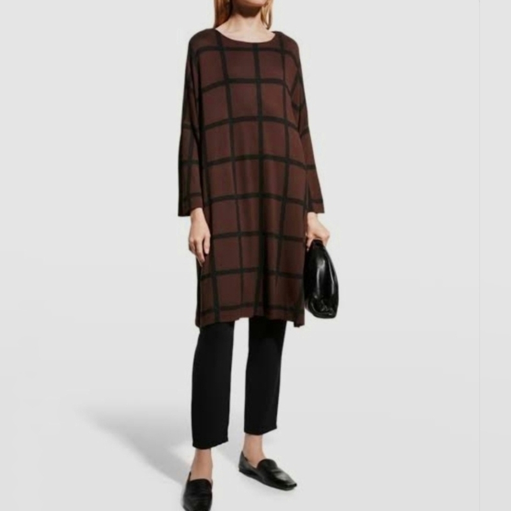 Masai Copenhagen Oversize Knit Tunic Top Dress Brown Black Plaid Size XS / S